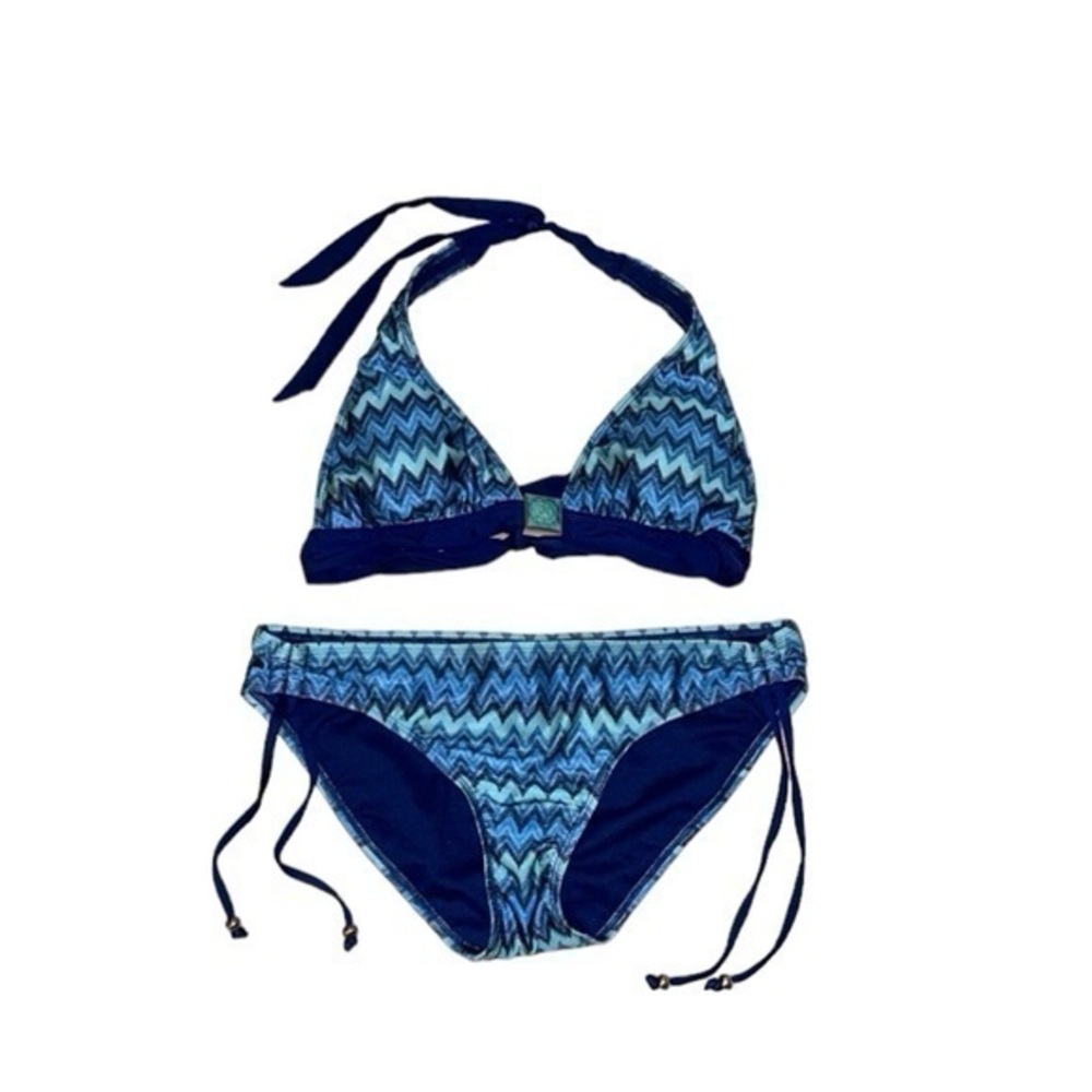 White House Black Market Blue‎ Turquoise Zig Zag Triangle Halter Bikini Small